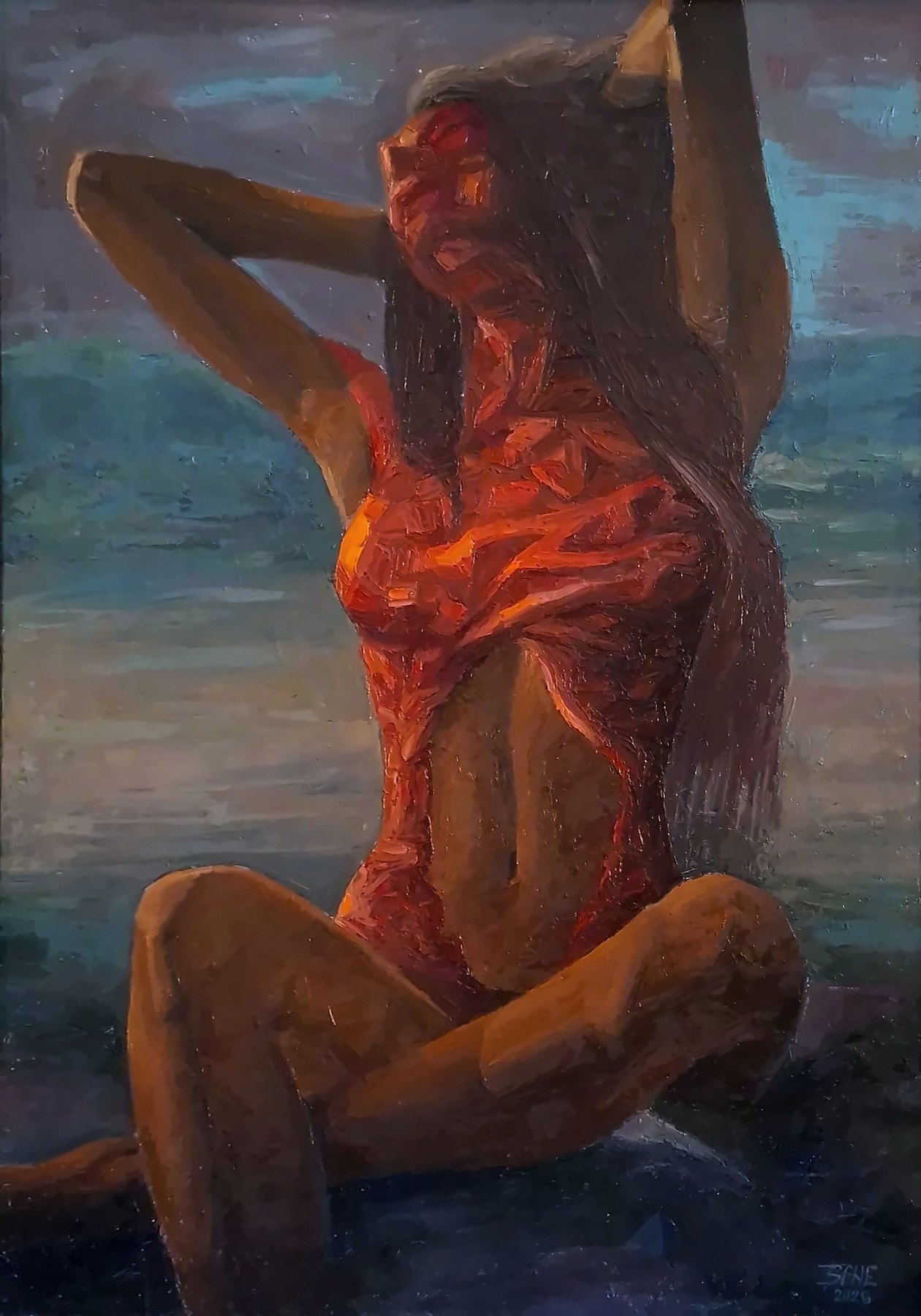 Ember by the Sea, oil on canvas, 100 × 70 cm, 2026